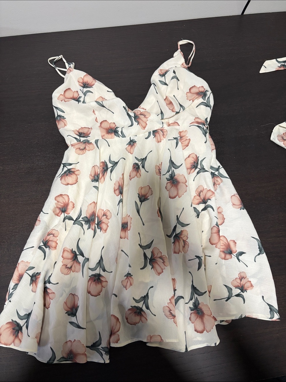 Floral Spaghetti Strap Sundress - Peach & Green on Cream